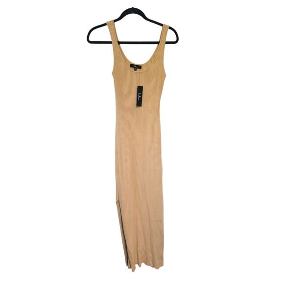 Lulu's Tan Ribbed Knit Midi Dress Size Medium NWT Side Slits - Picture 1 of 8